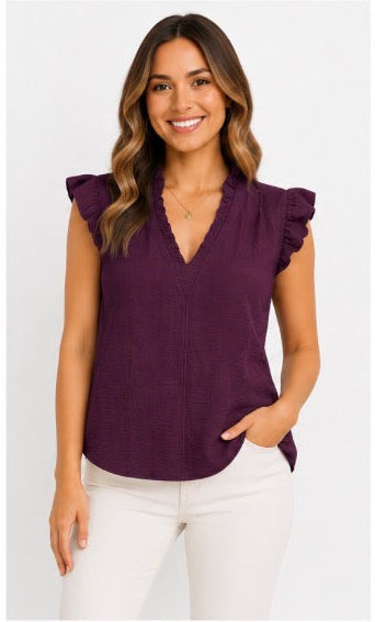Rich Eggplant Ruffle Sleeve Blouse