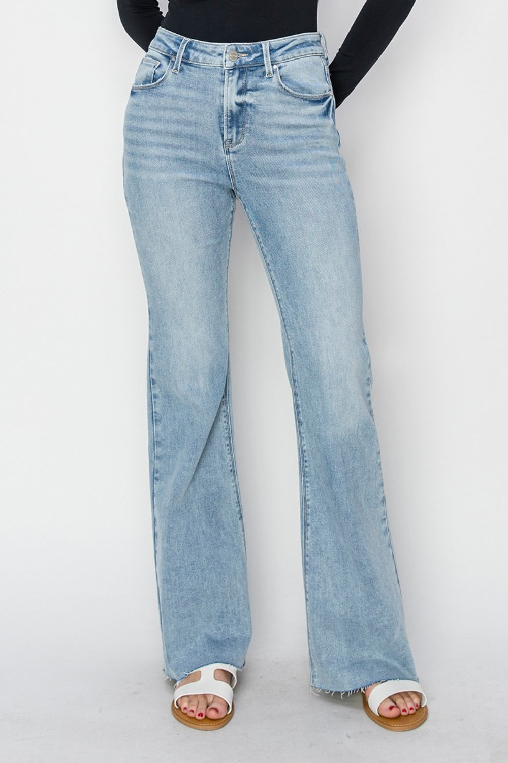 RISEN Full Size High Rise Raw Cut Hem Bootcut Jeans - Main Image