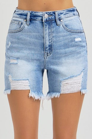 Risen High Rise Mid Thigh Distressed Shorts