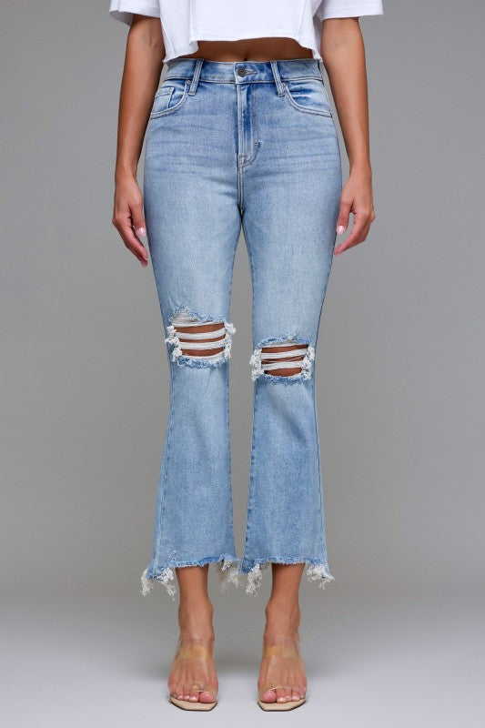 Medium Wash Knee Distressed Frayed Cropped Flare Jeans – Hidden Jeans