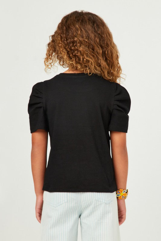 Girls Ribbed Pleated Shoulder Puff Sleeve Top