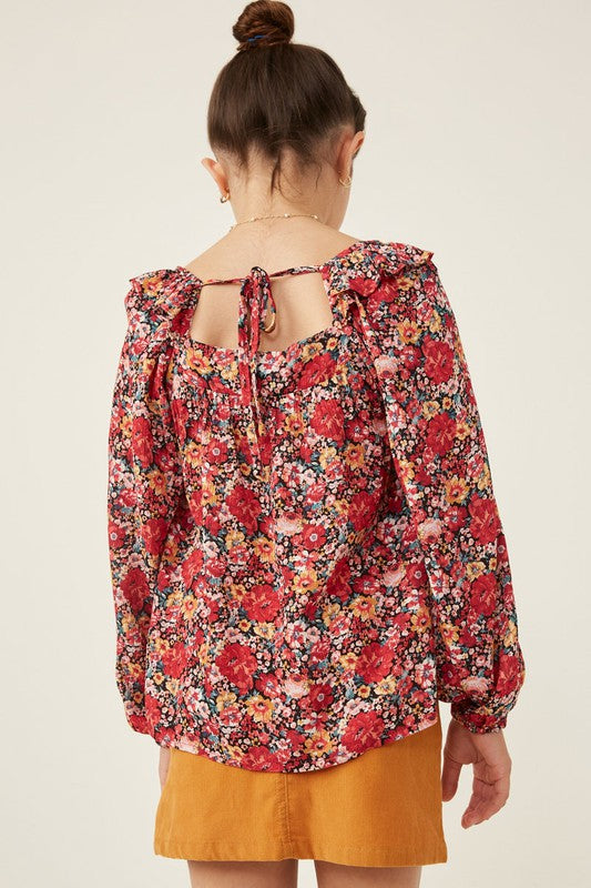 Print Ruffle Shoulder Long Sleeve Textured Top