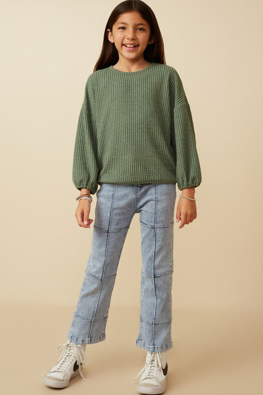Girls Brushed Ribbed Puff Sleeve Knit Top