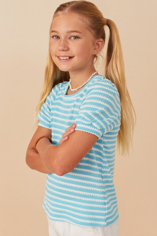 Girls Textured Stripe Puff Sleeve Knit Top