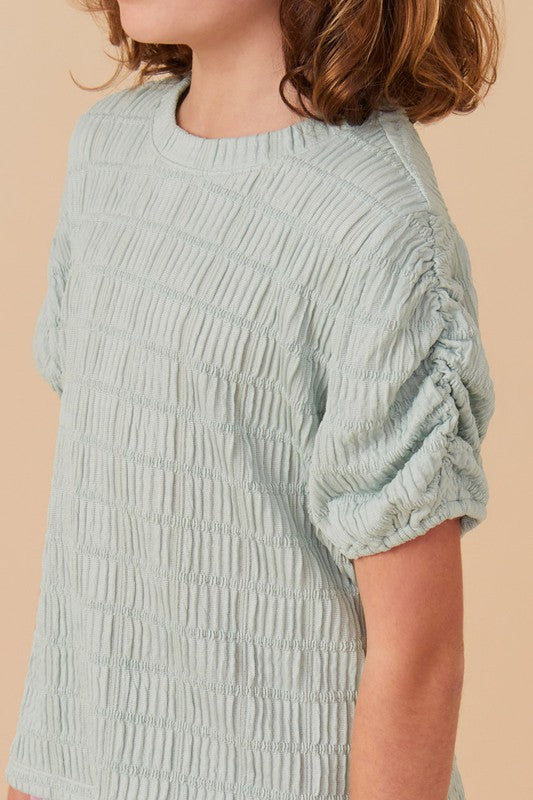 Girls Textured Gathered Sleeve Stretch Knit Top