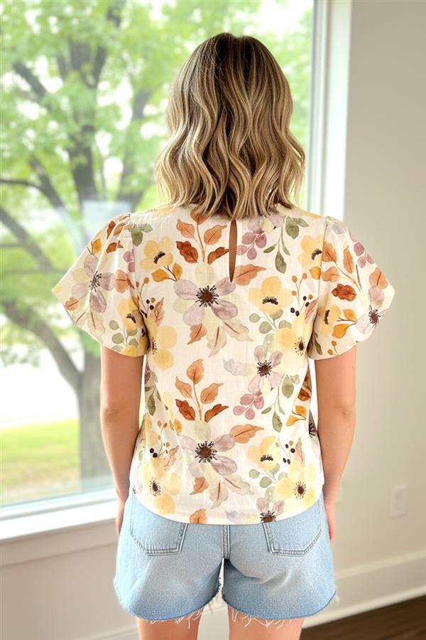 Cream Floral Balloon Sleeve Top with Keyhole Back