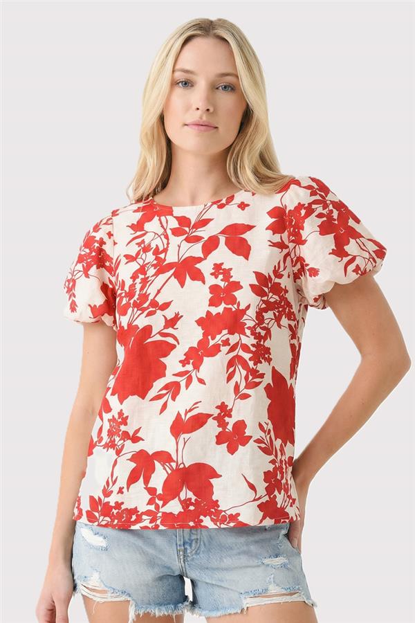 Red Floral Puff Sleeve Top