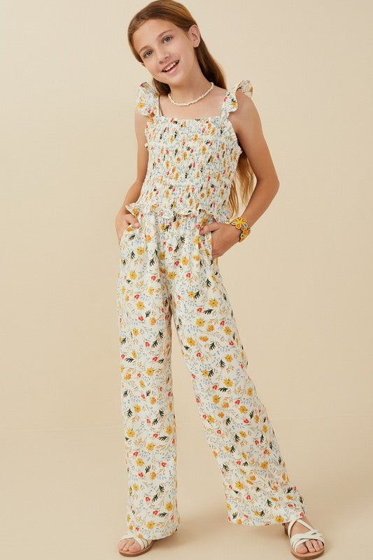 Girls Ditsy Floral Smocked Ruffle Detail Jumpsuit