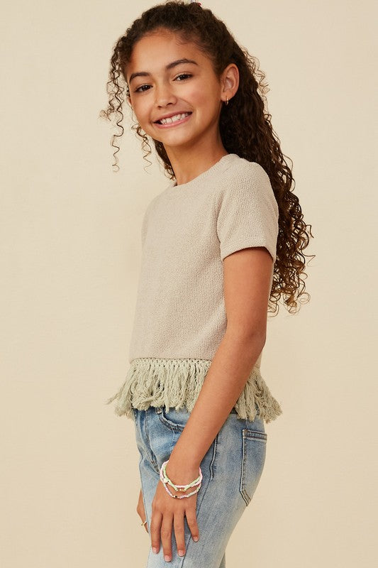 Girls Fringed Tassel Hem Textured Knit Top