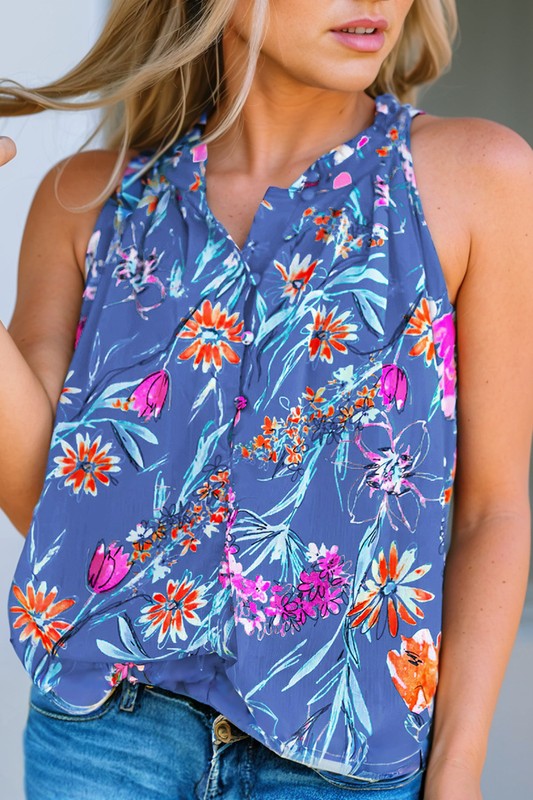 Boho Floral Print Button Front Sleeveless Blouse