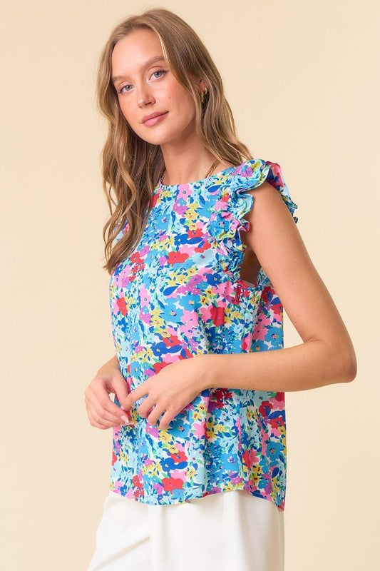 Bright Floral Ruffle Sleeve Blouse