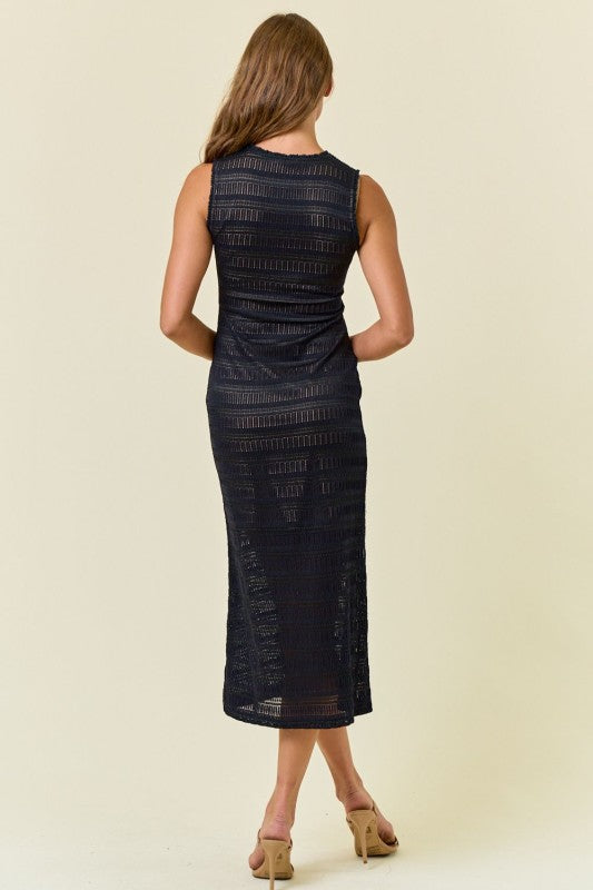 Stripe Stretch Lace Mock Neck Sleeveless Midi Dress