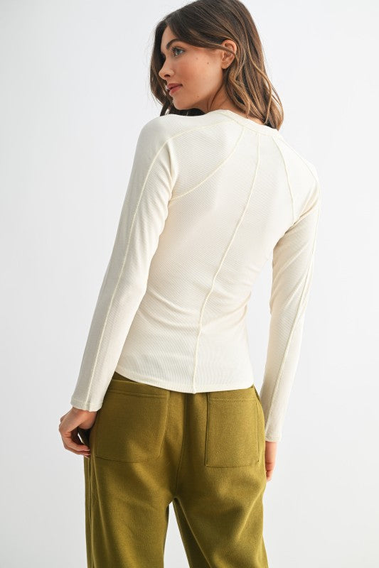Mono B Essential Long-sleeved Micro-Ribbed Henley Top