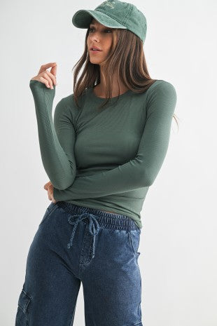 MONO B Essential Long Sleeve Micro Ribbed Athleisure Top- Silky Pine