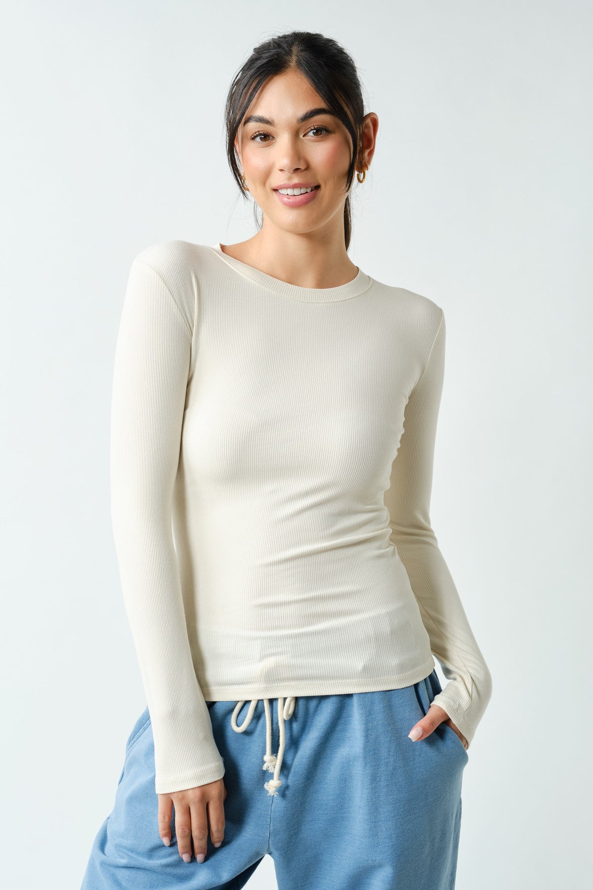 MONO B Essential Long Sleeve Micro Ribbed Athleisure Top-Natural