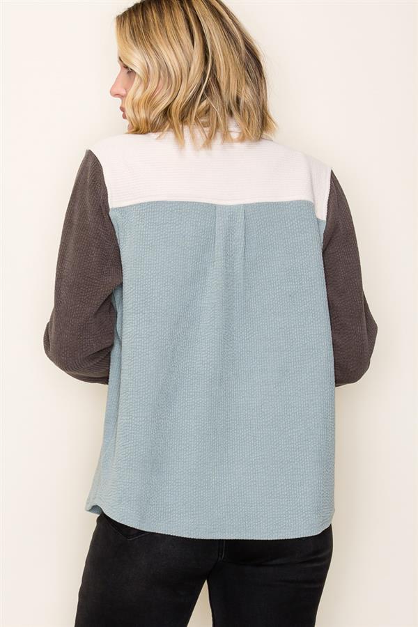 Aqua Ivory Colorblock Shacket – Casual Button Jacket