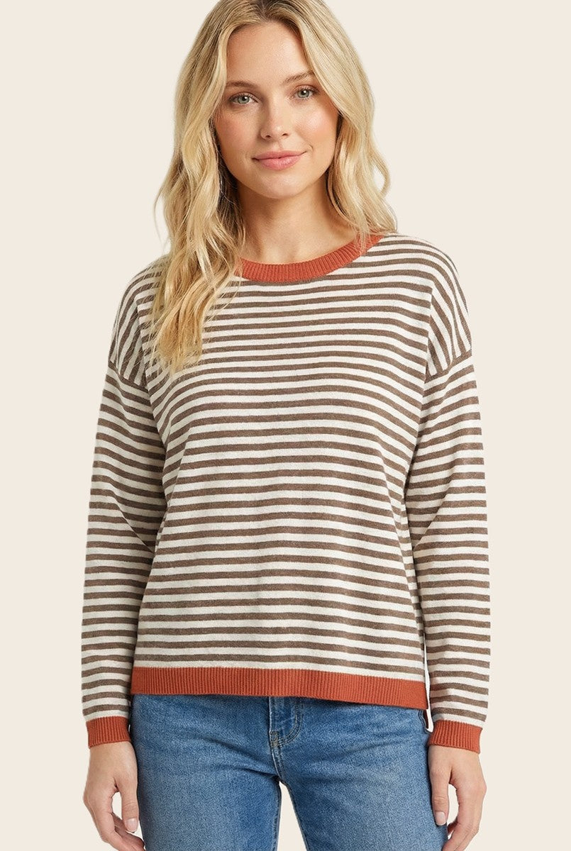 Mocha Striped Contrast Trim Sweater