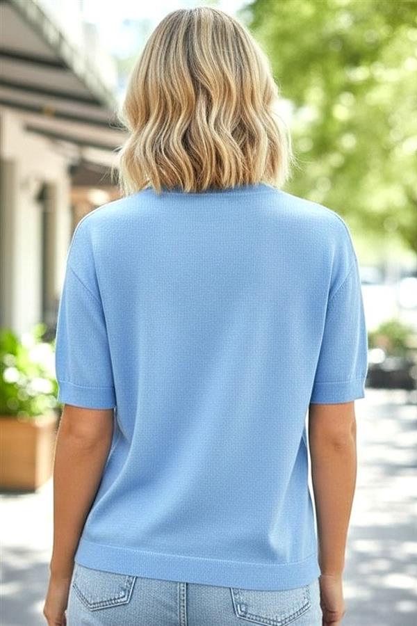 Chambray Blue Short Sleeve Crew Neck Sweater