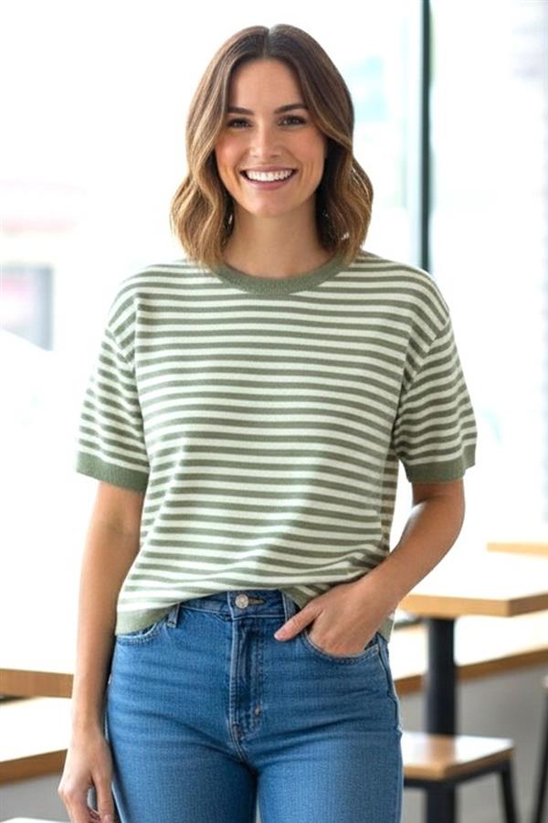 Sage Green Striped Knit Tee