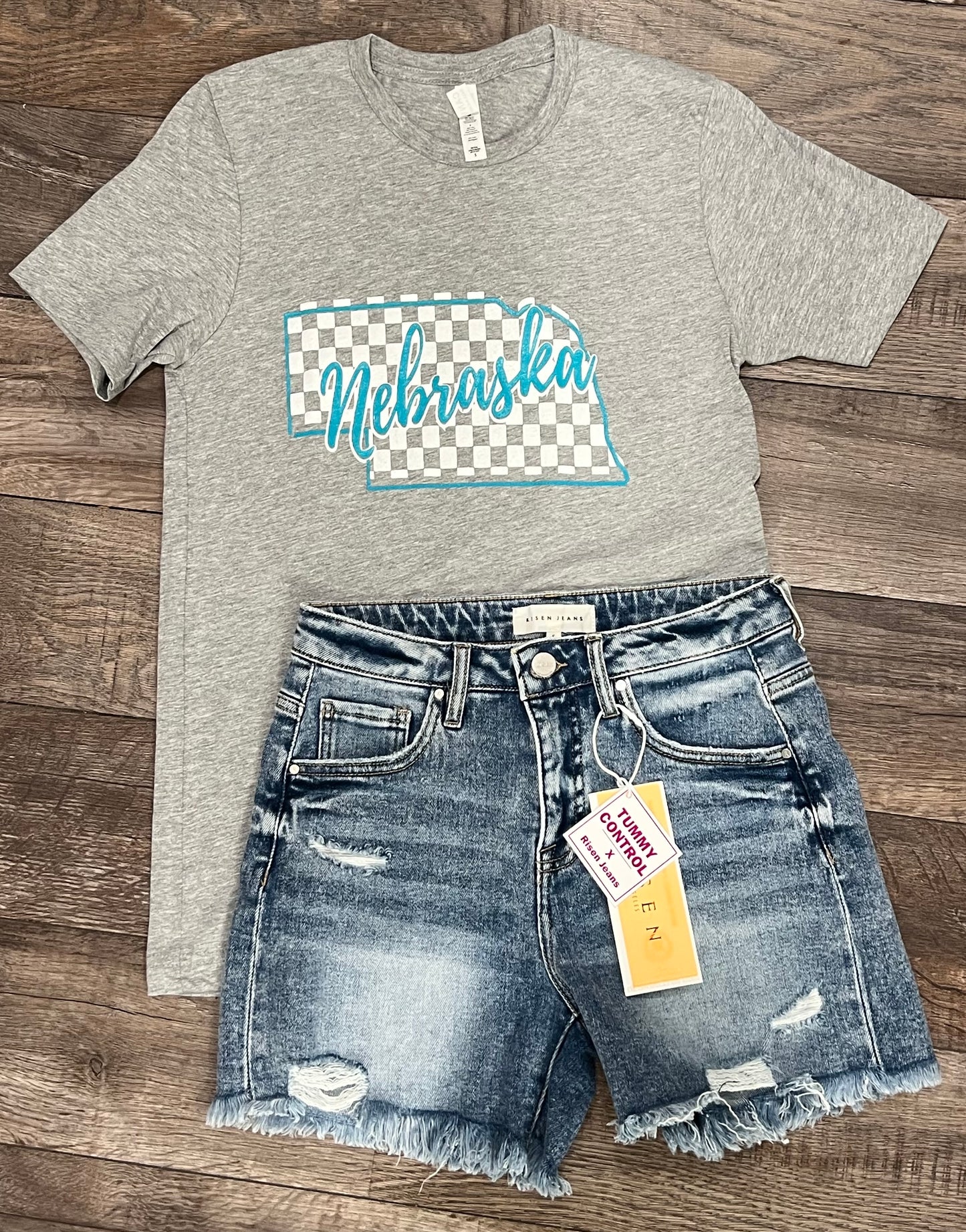 Teal Nebraska Checkered T-Shirt