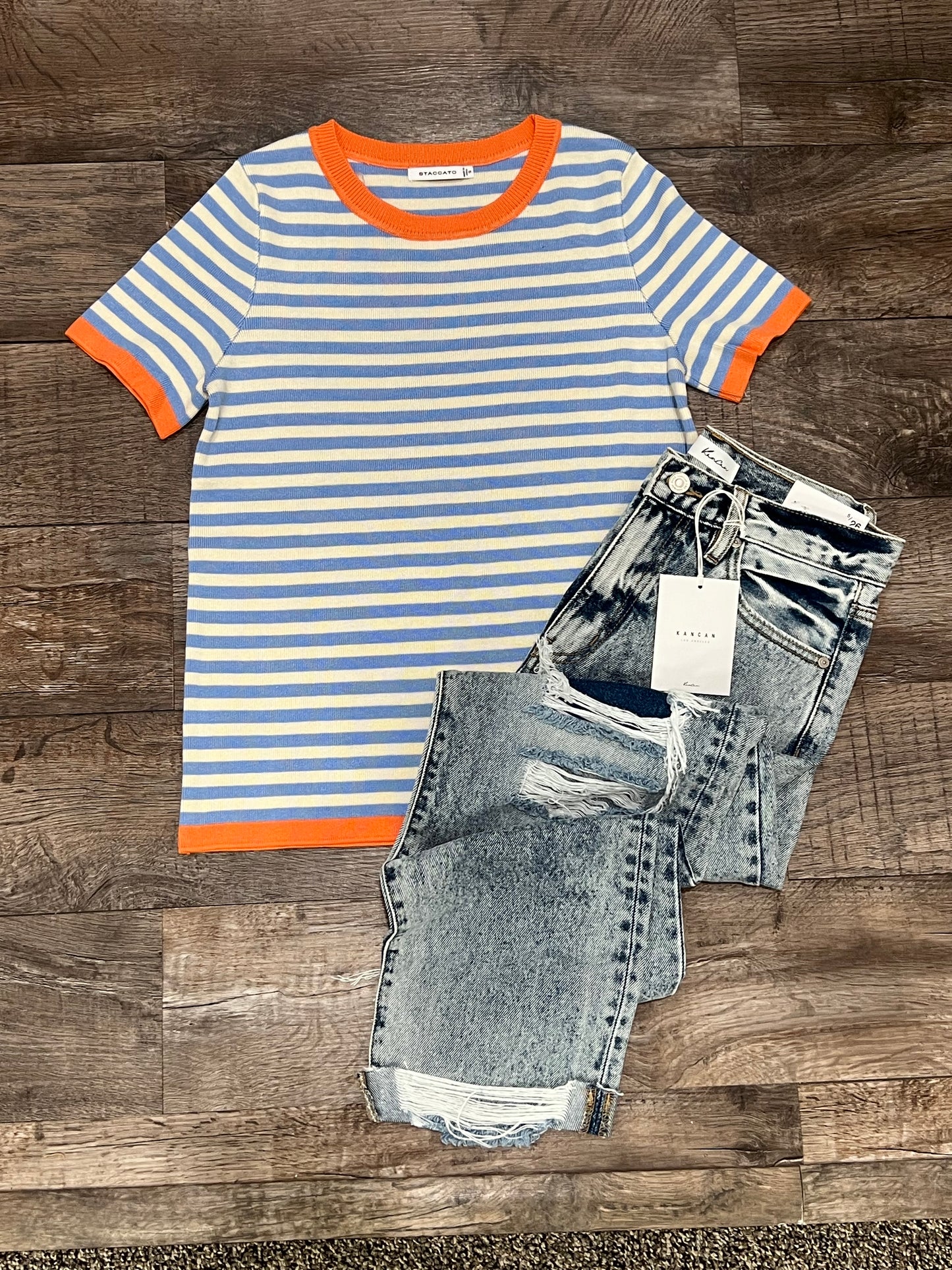 Sky Blue Striped Top with Orange Contrast