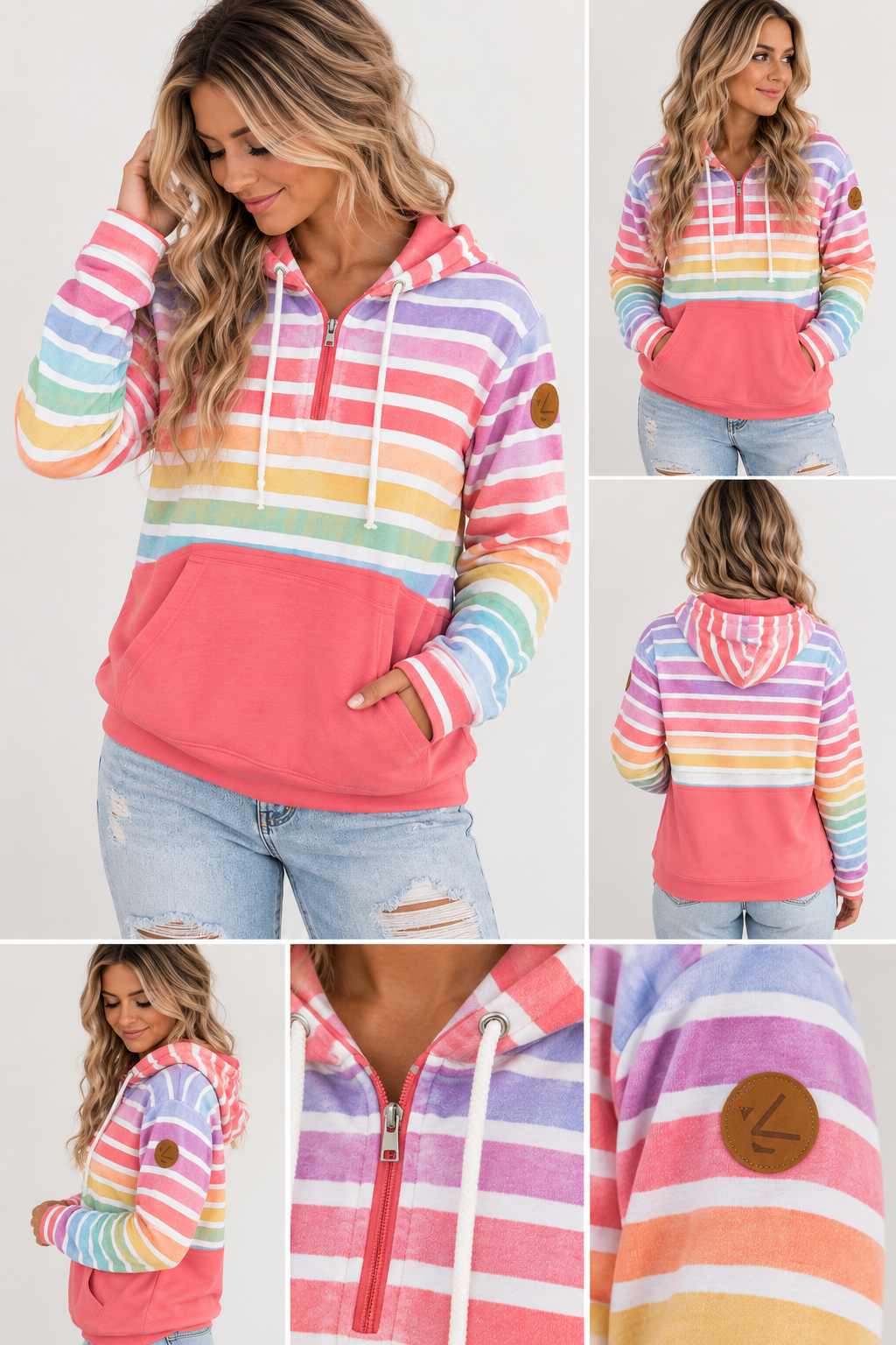 Pastel Rainbow Stripe Full-Zip Hoodie