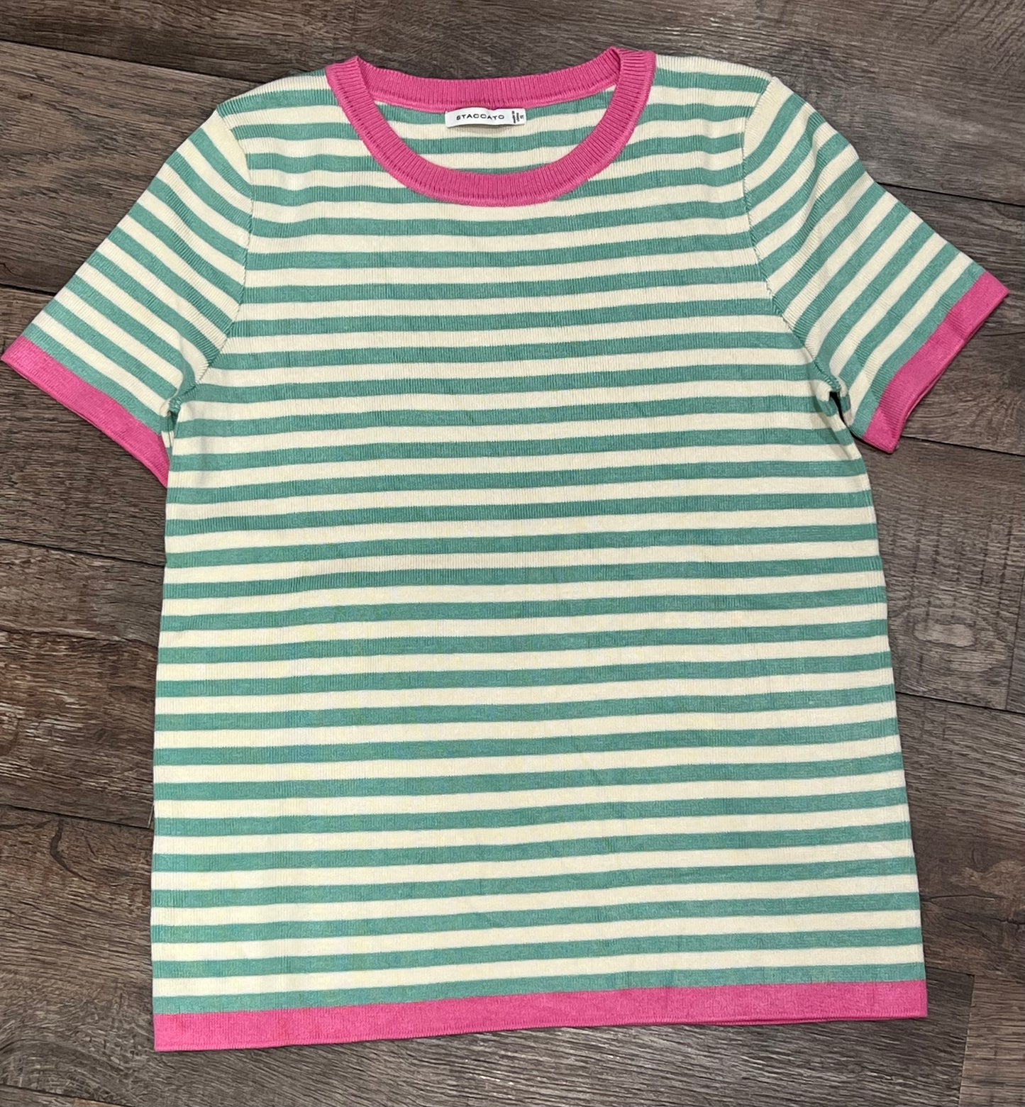 Mint Striped Top with Pink Trim