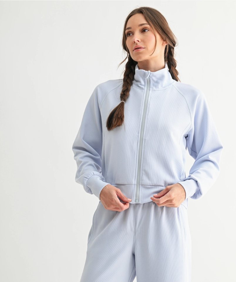 MONO B Luxe Sand Wash Rib Zip Jacket – Ice Blue Athleisure Jacket
