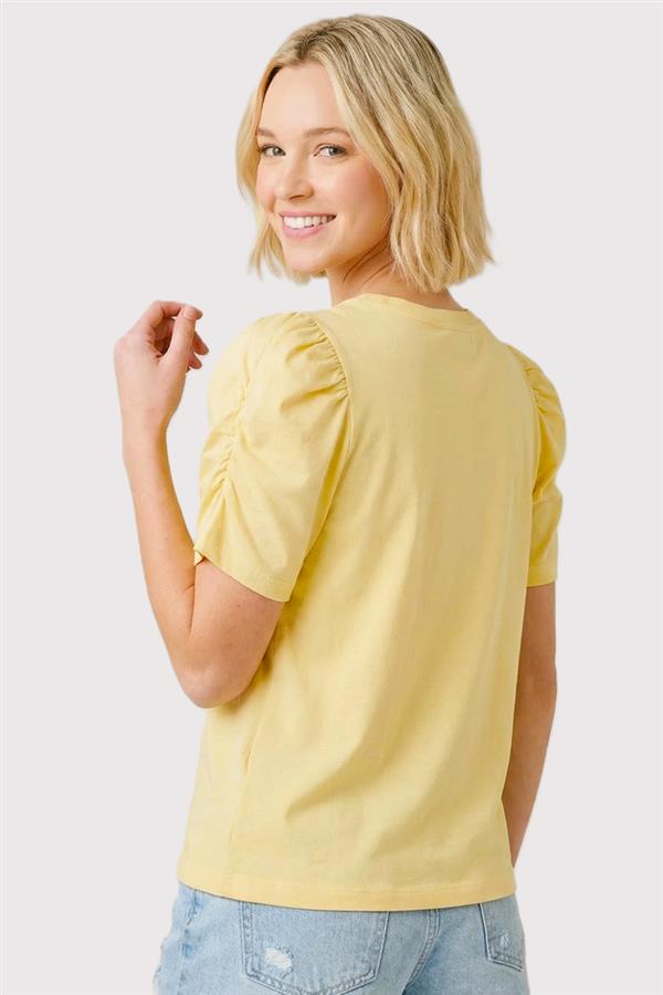 Yellow Puff Sleeve Cotton Crew Neck Top