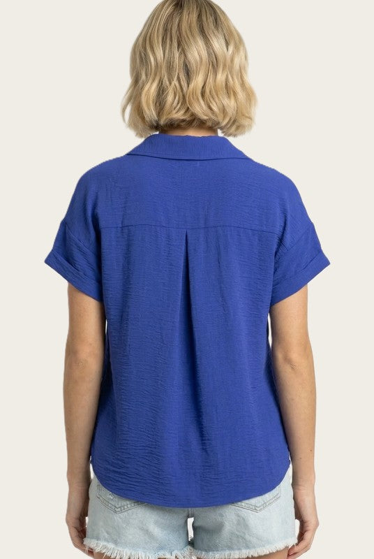 Cobalt Breeze Relaxed Button-Up Blouse