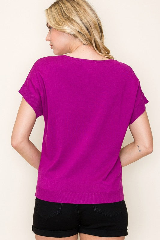 Magenta Knit Short Sleeve Sweater