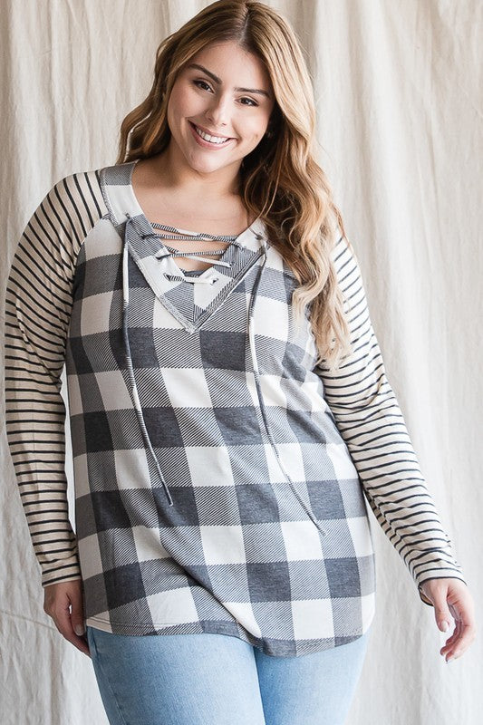 Plus Plaid Laced Up V-Neck