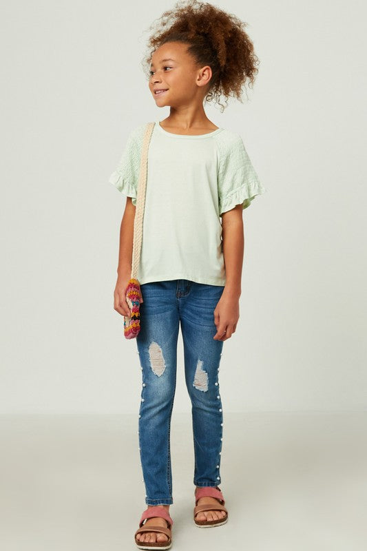 Girls Smocked Shoulder Ruffle Sleeve Top