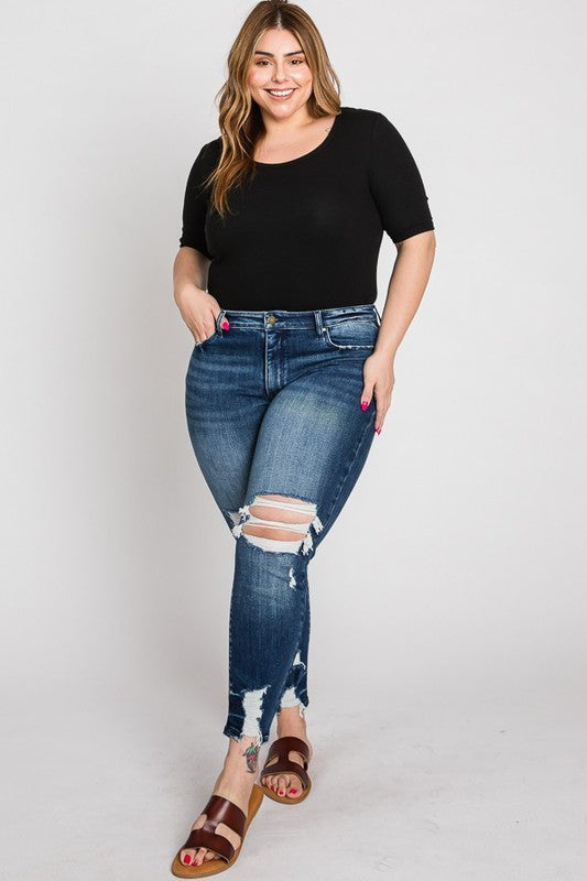 Pencil Jeans Plus Size Women's Mid Waist Ripped Fringed Jeans