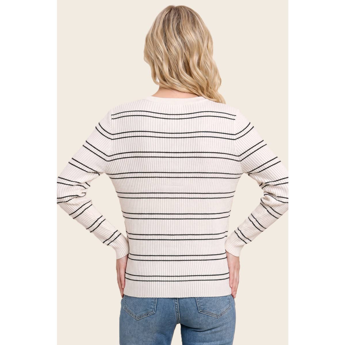 Ribbed Basic Striped Sweater in Ivory