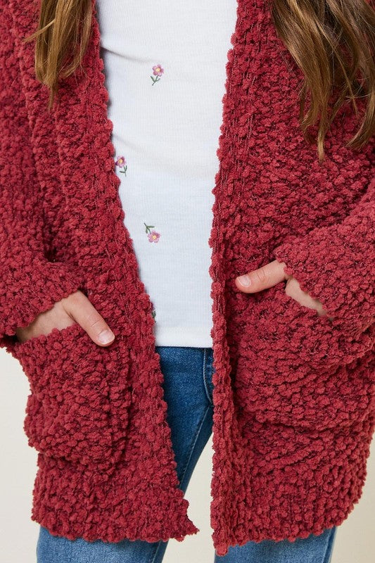 Girls Textured Open Front Sweater Cardigan