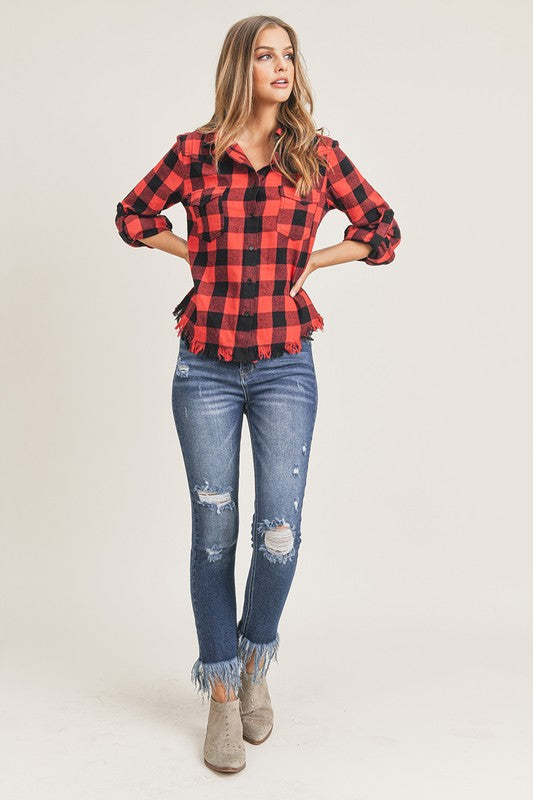 Buffalo Plaid Frayed Hem Shirt