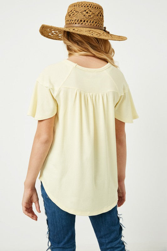 Girls Paneled Flutter Sleeve Ribbed Knit Top