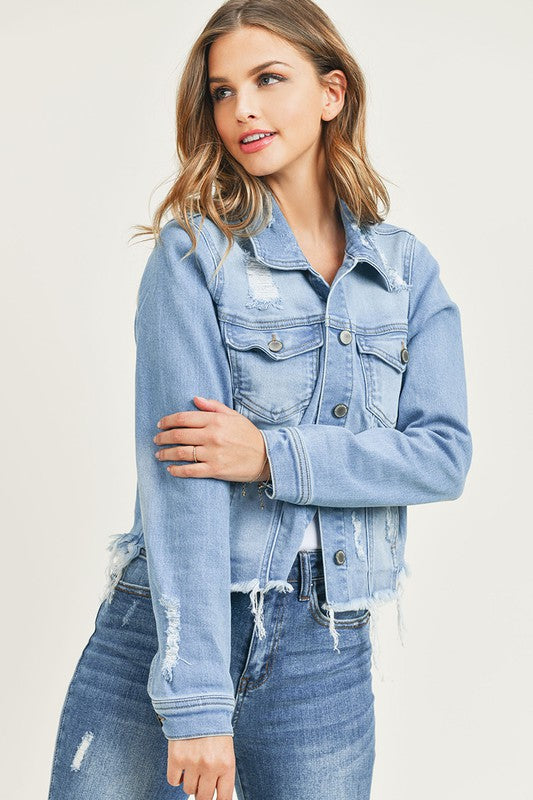 Distressed Vintage Frayed Hem Denim Jacket