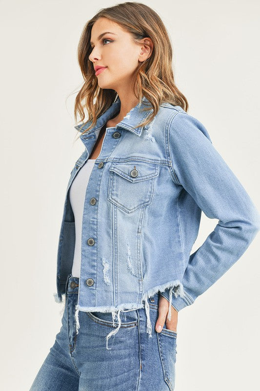 Distressed Vintage Frayed Hem Denim Jacket