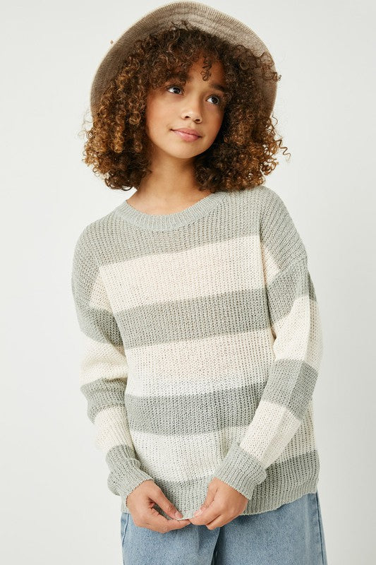 Girls Striped Loose Knit Sweater