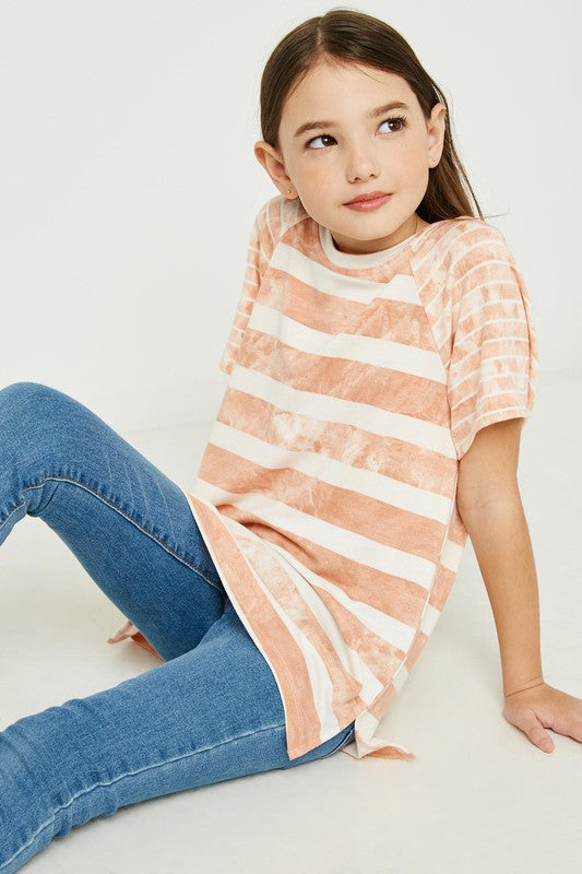 Girls Contrast Tie-Dye Stripe Raglan Top