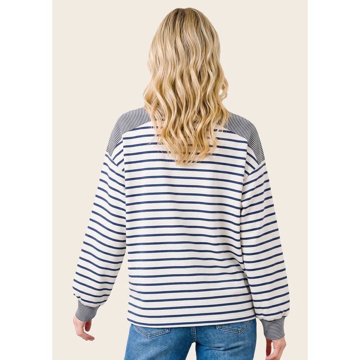 Button Crew Neck Striped Top