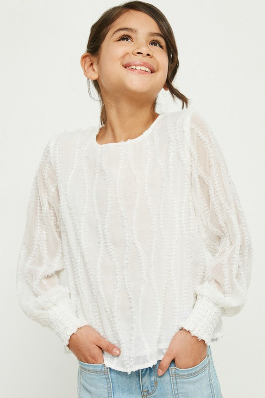 Girls Textured Sheer Smocked Cuff Top