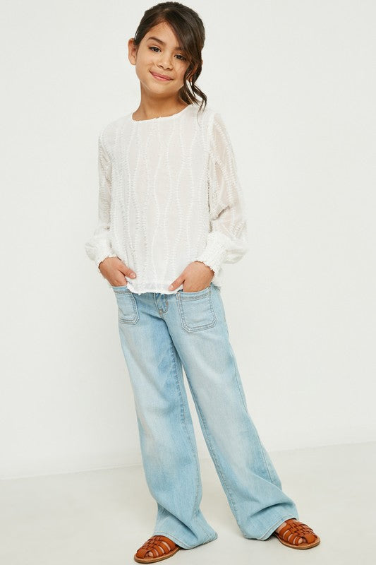 Girls Textured Sheer Smocked Cuff Top