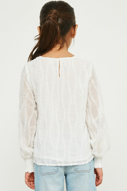 Girls Textured Sheer Smocked Cuff Top