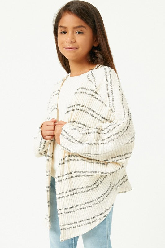 Girls Ribbed Knit Striped Open Cardigan