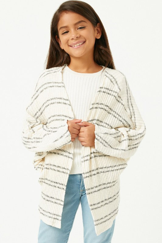 Girls Ribbed Knit Striped Open Cardigan