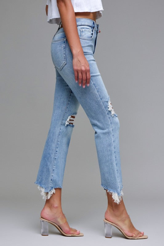 Medium Wash Knee Distressed Frayed Cropped Flare Jeans – Hidden Jeans