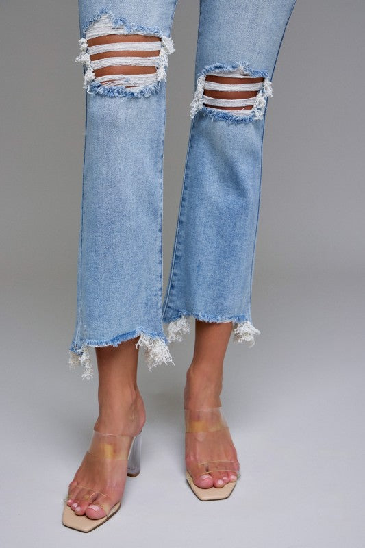Medium Wash Knee Distressed Frayed Cropped Flare Jeans – Hidden Jeans